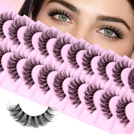 False Lashes Natural Eyelashes Fluffy Lashes D Curl Eyelashes 14mm 3D Volume Wispy Fake Eyelashes Strips Clear Band 10 Pairs Lashes Pack by Calphdiar