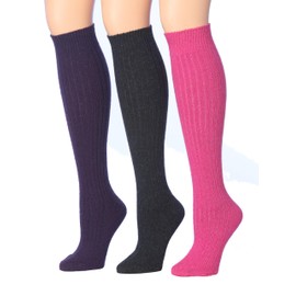 Tipi Toe - 3 pares de calcetines de lana para mujer con canalé sobre la pantorrilla y la rodilla, Rubor violeta encantado, 9-11