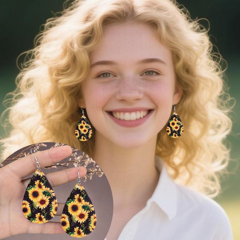 YINCUO Sunflower Earrings for Women Leather Teardrop Dangle Drop Jewelry