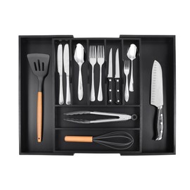Bellsal Large Premium Bamboo Silverware Organizer - Expandable Utensil Drawer Organizer - 17"x19.6" Utensil Holder and Cutlery Tray with Grooved for Kitchen Flatware and Utensils(7-9 Slot, Black)