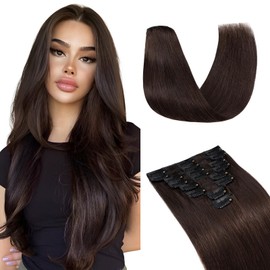 Elailite Clip-In Real Hair Extensions, 8 Wefts, Straight, #2 Dark Brown, Real Human Hair, 45 cm - 70 g