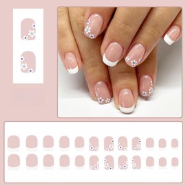 KQueenest Weiß French Tip Nägel zum Aufkleben Kurz Eckig - Press On Nails mit Blumen Gestaltung, Glänzende Fake Nails Künstliche Fingernägel, Natürlich Nude Full Cover Kurz Acryl Nägel für Frauen