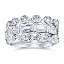 3 Set Geometric Cubic Zirconia Baguette Marquise Round CZ Stackable Wedding Band Ring Set For Women .925 Sterling Silver