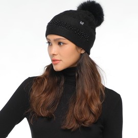 C.C Pearl Rhinestone Embellishment Beanie with Fur Pom for Women - Wool Stretchable Soft Warm with Faux Fur Pom Knit Winter Skully Hat