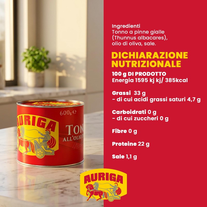 Tonno Auriga all'olio di oliva 600gr. Formato Magnum.Fonte di proteine.