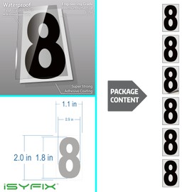 iSYFIX Black Vinyl Number 8 (Eight) Stickers - 6 Pack 2 inch - Premium Decal, Reflective Background, Pre-Spaced for Mailbox, Signs, Window, Door, Cars, Truck, Home, Business, Address, Indoor & Outdoor