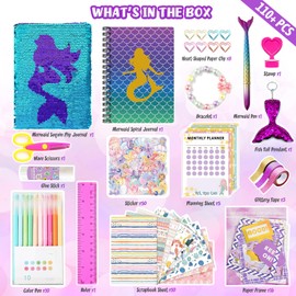 2-Pack DIY Journal Kit for Girls Ages 8-12 13 14 Year Olds, Birthday Gifts for Teen Girls, 110pcs Art Crafts Scrapbook Supplies for Tween Kids, Kawaii Diary Stationary Set with Mermaid Sequin Journal