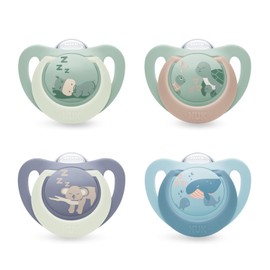 NUK First Choice Day & Night Baby Dummies | 6-18 Months | Orthodontic Dummies that Glow in the Dark | Soothes 99% of Babies** | Assorted | Pack of 4