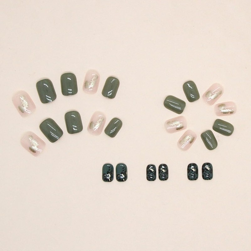 Green Press on Nails Short Coffin False Nail Glossy Square