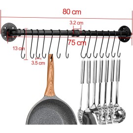 Toplife 31.5" Wall-Mounted Pot Rack – Detachable Pan Lid & Utensil Organizer with 14 Hoo
