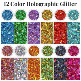 editTime Shiny 12 Colors 3D Color Gradient Holographic Laser Mermaid Chameleon Flakes Nail Art Sequins Glitter Powder Accessories with Quick Dry Makeup Glue and Nail Pen Brushes (24 pcs)