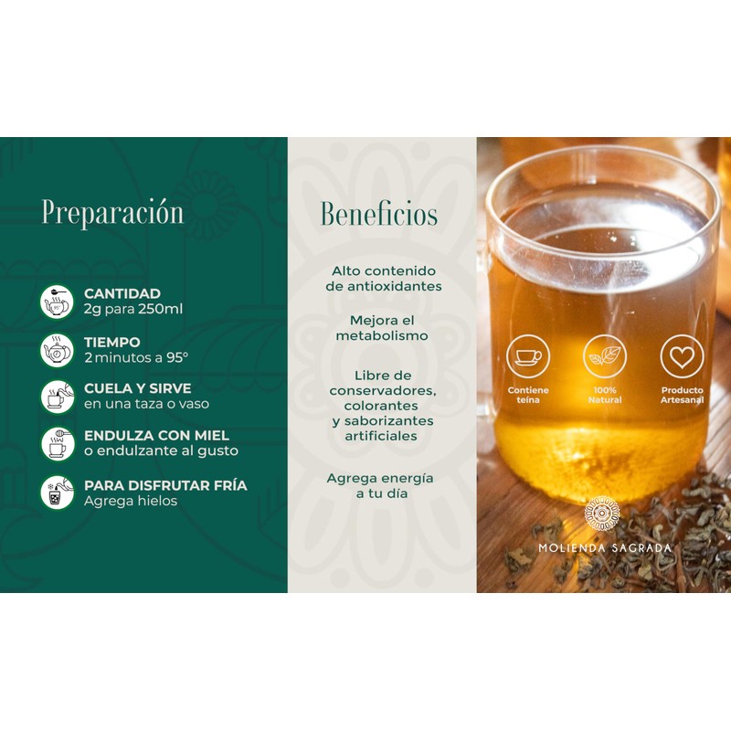 Molienda Sagrada, Té Verde Hoja Entera - 45 sachets biodegradables