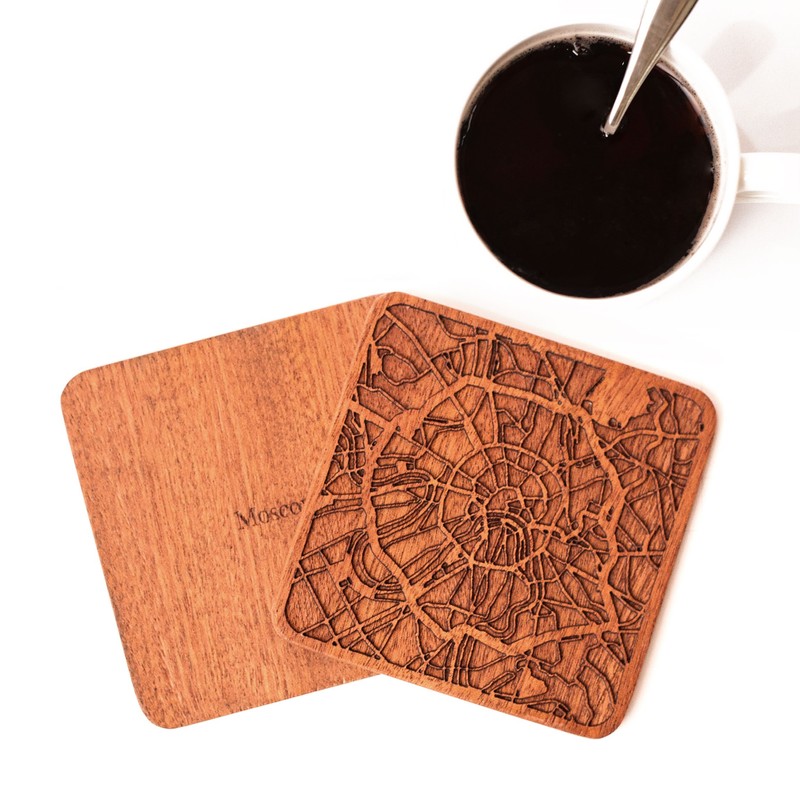 Moscow Map Coaster, Set of 4, Sapele Wooden Coaster with