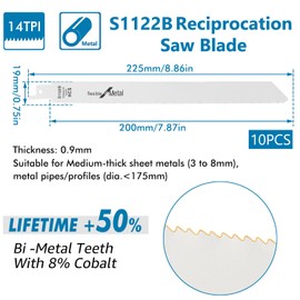 Bestgle 10 Pieces Reciprocating Saw Blade Set, 225mm 14TPI Bi-Metal Cobalt Sabre Saw Blades for Metal Cutting S1122B