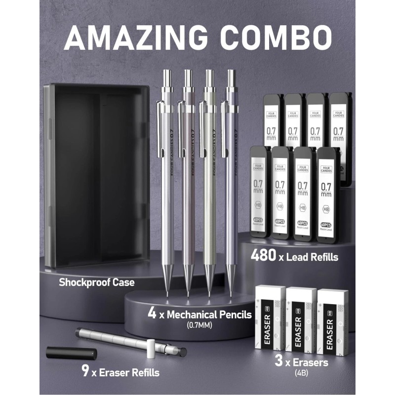 Four Candies 0.7mm Mechanical Pencil Set with Case - 4PCS