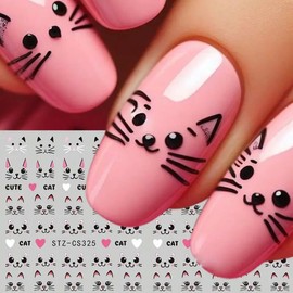 Cute Cat Nail Art Sticker Pink Cartoon Cat Nail Stickers 4PCS Black Line Graffiti Cat Cartoon Animal Design 3D Self-Adhesive Nail Decal Nail Art Supplies Manicure Sliders for DIY Nail Art Decorations
