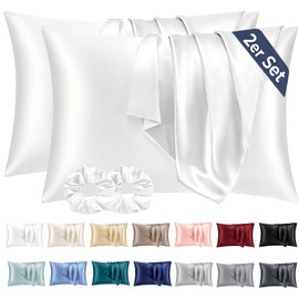 Vielit 2 Satin Pillowcases, 40 x 60 cm, White, Soft as Silk Pillowcases, Better Care Than Silk Pillowcases, for Hair and Skin, with 2 Hair Scrunchies