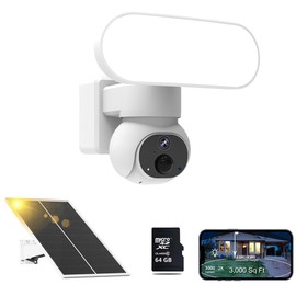 Solar Floodlight Camera, Security Camera Wireless Outdoor（Includ 64GB TF Card ),360°PTZ Surveillance Camera ,2K HD,2.4GHz WiFi Camera with Color Night Vision/PIR Sensor/2-Way Talk/Alexa IP65, 105dB