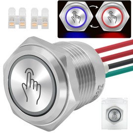 16mm Touch Switch Latching Push Button Switch 5V 6V 12V 24V DC Stainless Steel 304 Waterproof IP66 Red and Blue LED Light Dual Color Light