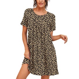 PrinStory Womens Sleepwear Short Sleeve Nightgown Soft Sleepshirt Pleated Nightshirt Scoopneck Casual Loungewear FP-Leopard Khaki-X-Large