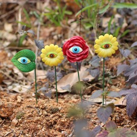 VIVIANYO HD 6PCS Resin Plant Eyes Stakes 5.5inch Novelty Rose Sunflower Green Leaves Plant Eyes Garden Stakes Funny Floral Plant Pick Ornaments for Indoor,Outdoor Yard, Patio Plant Pot Flowerpot