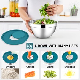 E-far Mixing Bowls with Lids Set, 7-Piece Stainless Steel Mixing Bowls with 3 Grater Attachments, Size 4.6, 3.5, 2.6, 2, 1.5, 1, 0.7QT, Metal Nesting Bowls & Blue Airtight Lids, For Baking/Cooking