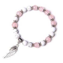 SBI Jewelry Crystal Pink White Rose Flower Angel Wing Bracelet for Women Girl Beaded Stranded Wrap Charm Spiritual Stretched Birthday Anniversary