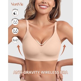 Vertvie Women Wireless Bras with Support Lift Full Coverage Push Up Plus Size Sport Bra Seamless Molded Cup Padded Tshirt Bra(Nude,X-Large)