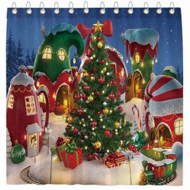 Funnytree Cartoon Christmas Shower Curtain for Bathroom Xmas Winter Village Fairy Tale Home Bathtubs Curtain Decor Set with 12 Hooks Easy Care Waterproof Washable Soft Durable Polyester Fabric 72"x72"