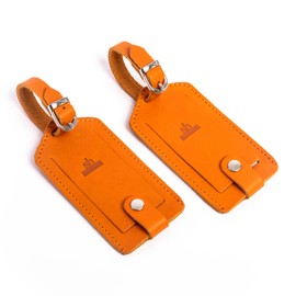 Premium Vegetable-Tanned Natural Leather Luggage Tag – Durable, Stylish Travel ID Labels for Suitcases, Bags, and Backpacks (Orange)