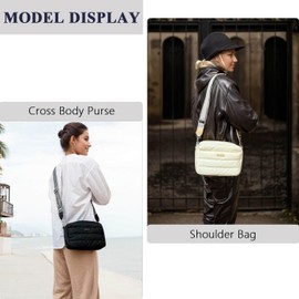 Puffer Crossbody Bags for Women, Lightweight Quilted Shoulder Bag, Cross Body Purse with Guitar Wide Strap Fit for Travel, Beige