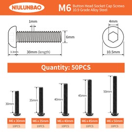 NIULUNBAO M6 x 30mm 35mm 40mm 45mm 50mm Button Head Socket Cap Screws Bolts 10.9 Grade Alloy Steel Metric Machine, Black Oxide Finish, Allen Hex Drive, Fully Threaded, Assortment Kit 40PCS