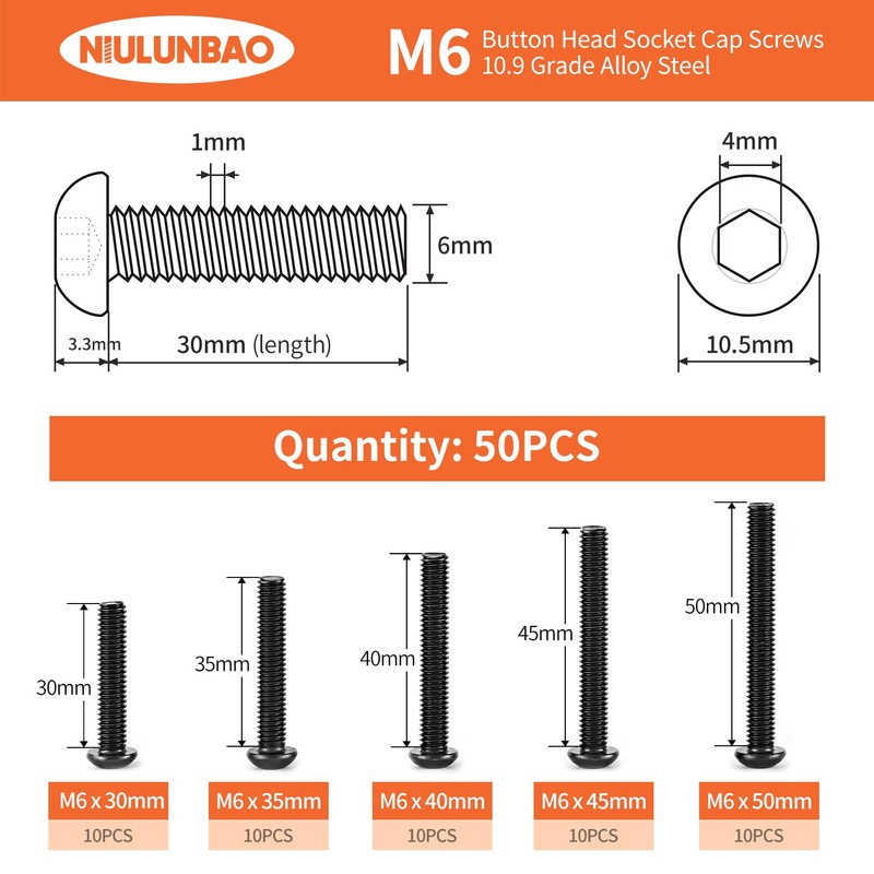 NIULUNBAO M6 x 30mm 35mm 40mm 45mm 50mm Button Head