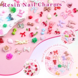 8000Pcs 3D Nail Charms and Nail Gems, Mixed Shapes and Colors Nail Charms Gold Silver Cross Star Caviar Beads Pearls Pink White Flowers Bows Charms with Tweezers for Nail Art Design Junk Case