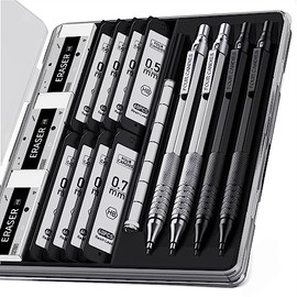 Juego de 4 lápices mecánicos de metal de 0,5 mm y 0,7 mm, 480 recambios de plomo, 12 borradores, lápiz de plomo fresco con estuche para escritura escolar, bocetos, trabajo técnico, proyectos de arte