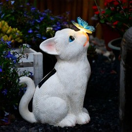 Cat Garden Figurines Outdoor Decor Solar Statue with LED Lights for Patio Lawn Yard Art Decoration Housewarming Garden Gift (White)