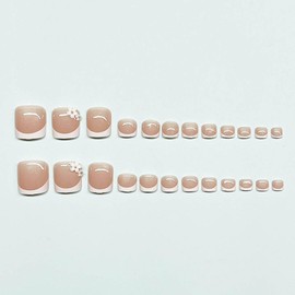 Press on Toenails, White French Tip Fake Toe Nails Square Nude False Toenails with Flower Charm Design Glossy Artificial Toenails Full Cover Stick on Toenails Holiday Spring Glue on Toenails 24Pcs