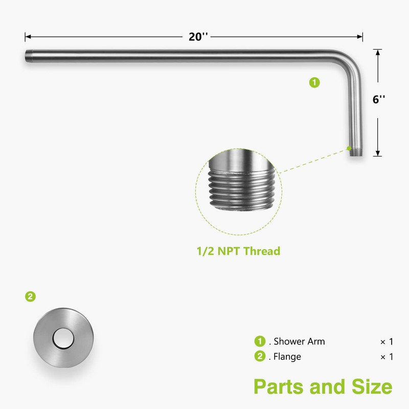 Naiture Brass 20" Straight L Shaped Extension Shower Arm with