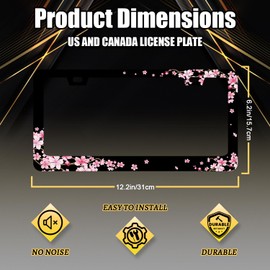 Cherry Blossoms License Plate Frame Beautiful Pink Flowers License Plate Stainless Steel Colorful Accessories Cars Decor 12.3X 6.3 Inch Fits Standard Us Ca Vehicles with 2 Holes and Screws