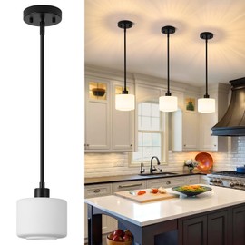 Osimir Milk Glass Pendant Lights Kitchen Island, 1-Light Modern Black Hanging Light Fixtures with Rods, Mini Kitchen Pendant Lighting Over Island for Sink Bathroom, OS-YQ8153-1PBK