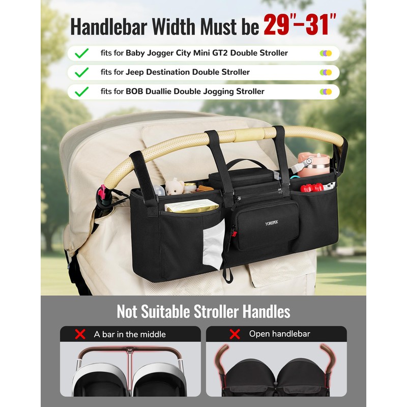 YOREPEK Padded Double Stroller Organizer with Removable Cooler Bag,Fits for