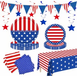 4th of July Party Supplies Set, Patriotic Party Decorations Sets,American Flag Banner Plates and Napkin Tablecloths, 4th of July Decorations Red White and Blue for Memorial ,Serve 25