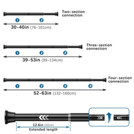 AIZESI Black Adjustable Tension Curtain Rod, 31-63 Inch Spring No Drill Stainless Steel Shower Rods for Bathroom，Closet ，Window–Rust Resistant，Non-Slip