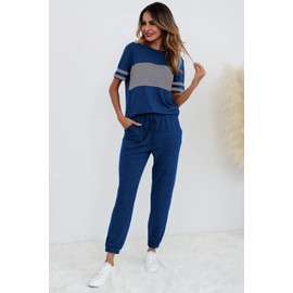 PRETTYGARDEN Women's Two Piece Lounge Sets 2025 Spring Summer Jogger Pants Vacation Outfits Travel Airplane Matching Clothes (Striped Bright Blue,Large)