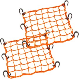 ZUOZE Small Cargo Net 15"x15" Stretches to 30"x30" with Thicken Hooks | Natural Latex Core, Tight 2”x2” Mesh Heavy Duty Bungee Net for Motorcycle Helmet, Bike, ATV, UTV, Luggage (Orange, 2 Pack)