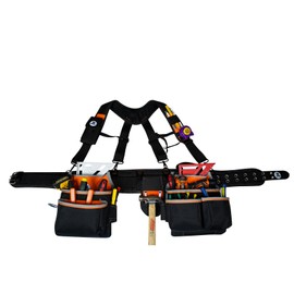 Zeluga 20-216 Multiple Large Pockets Tool belts for men with Suspenders, 4" Padded toolbelt, Steel Hammer Holster, Carpenter Tool Pouch, Professional Tool Vest for men Construction, Black/Orange