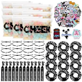Sunnymove 98 Pcs Cheerleader Team Gifts Bulk Include Cheer Goodie Makeup Bags Bracelet Hair Bands Scrunchies Hair Ties Waterproof Sticker for Women Girls Cheerleader Teammates (Black)