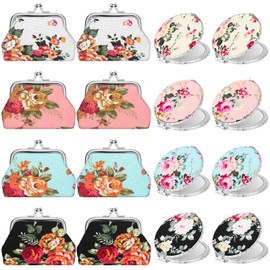 16 Pcs Vintage Floral Gift Set for Women 8 Pcs Canvas Floral Coin Purse Bulk Buckle Wallet and 8 Pcs Rose Flower Compact Pocket Mirror for Church Coworker Friend Bridesmaid Grandmother Gift