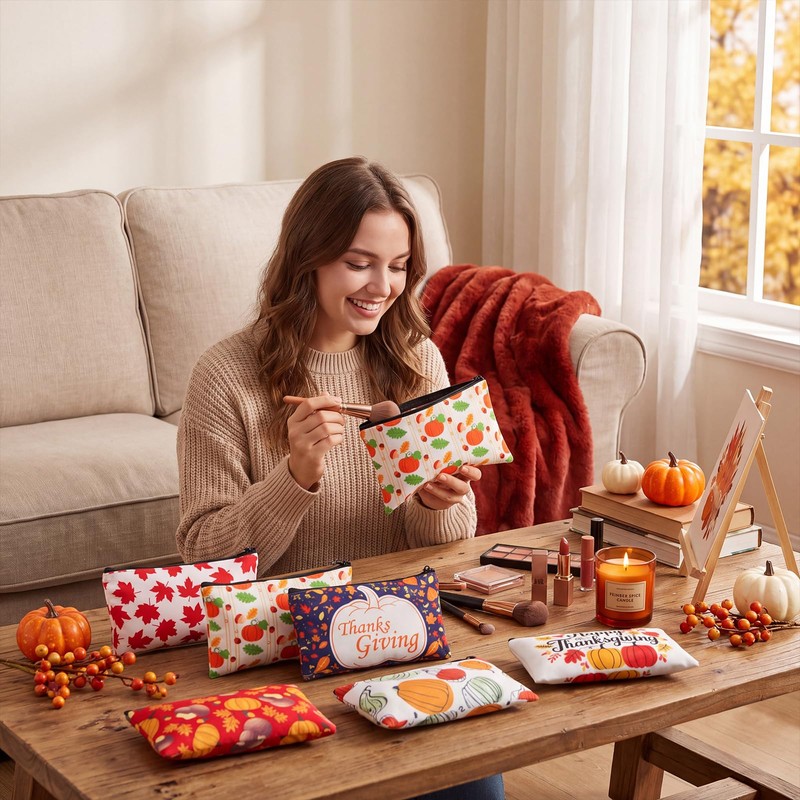 48 Pcs Fall Makeup Bags Bulk, Thanksgiving Canvas Cosmetic Pouch