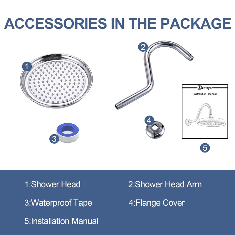 Drettyer Rain Shower Head,9" Vintage Shower Heads with Extension Curved